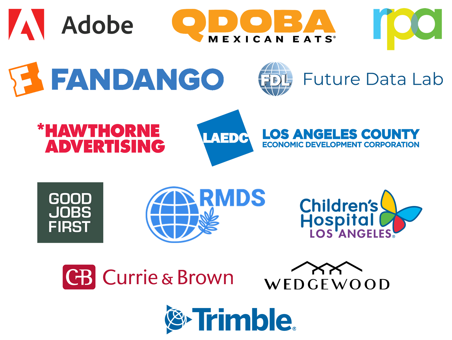 Collage of institution's logos including Adobe, Qdoba, RPA, Fandango, Future Data Lab, Hawthorne Advertising, Los Angeles County Economic Development Corporation, RMDS, Children's Hospital Los Angeles, Good Jobs First, Wedgewood Homes, Trimble and Currie & Brown..